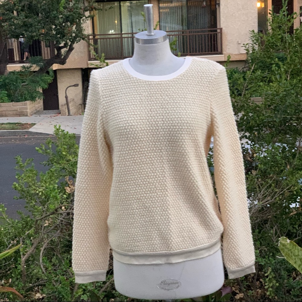 KORA RAE Sweater Satin Trim Hem, Neck and Sleeve Ivory EUC